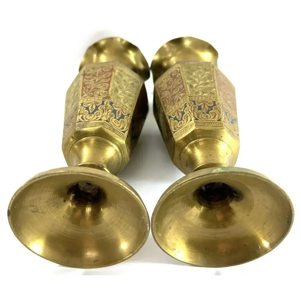 Vintage Indian Brass Enamel Vases 9.5” Pair Hand Etched Floral Boho - Picture 6 of 8
